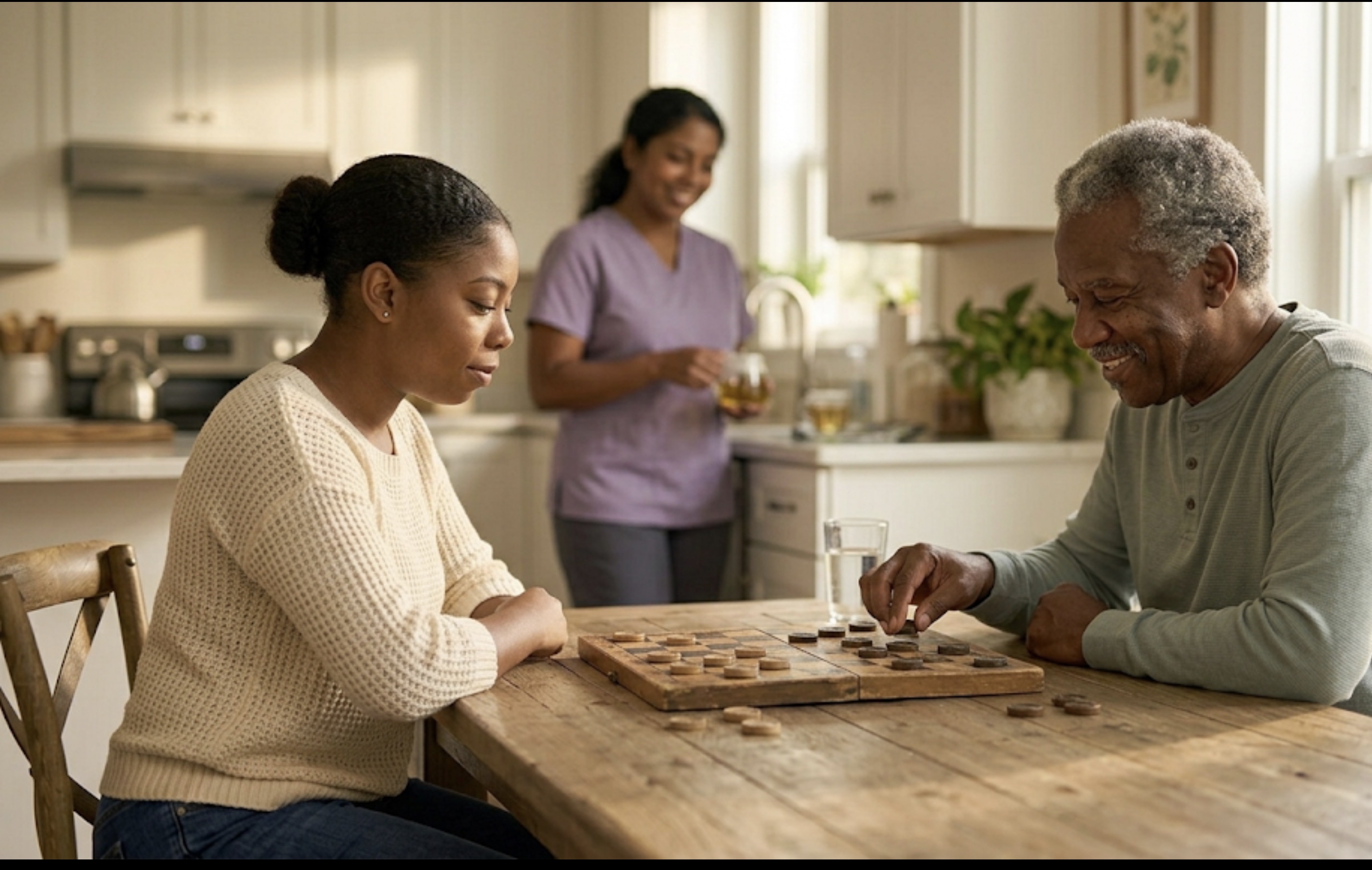 An older man and a young woman playing checkers together at a kitchen table, a caregiver quietly present in the background.