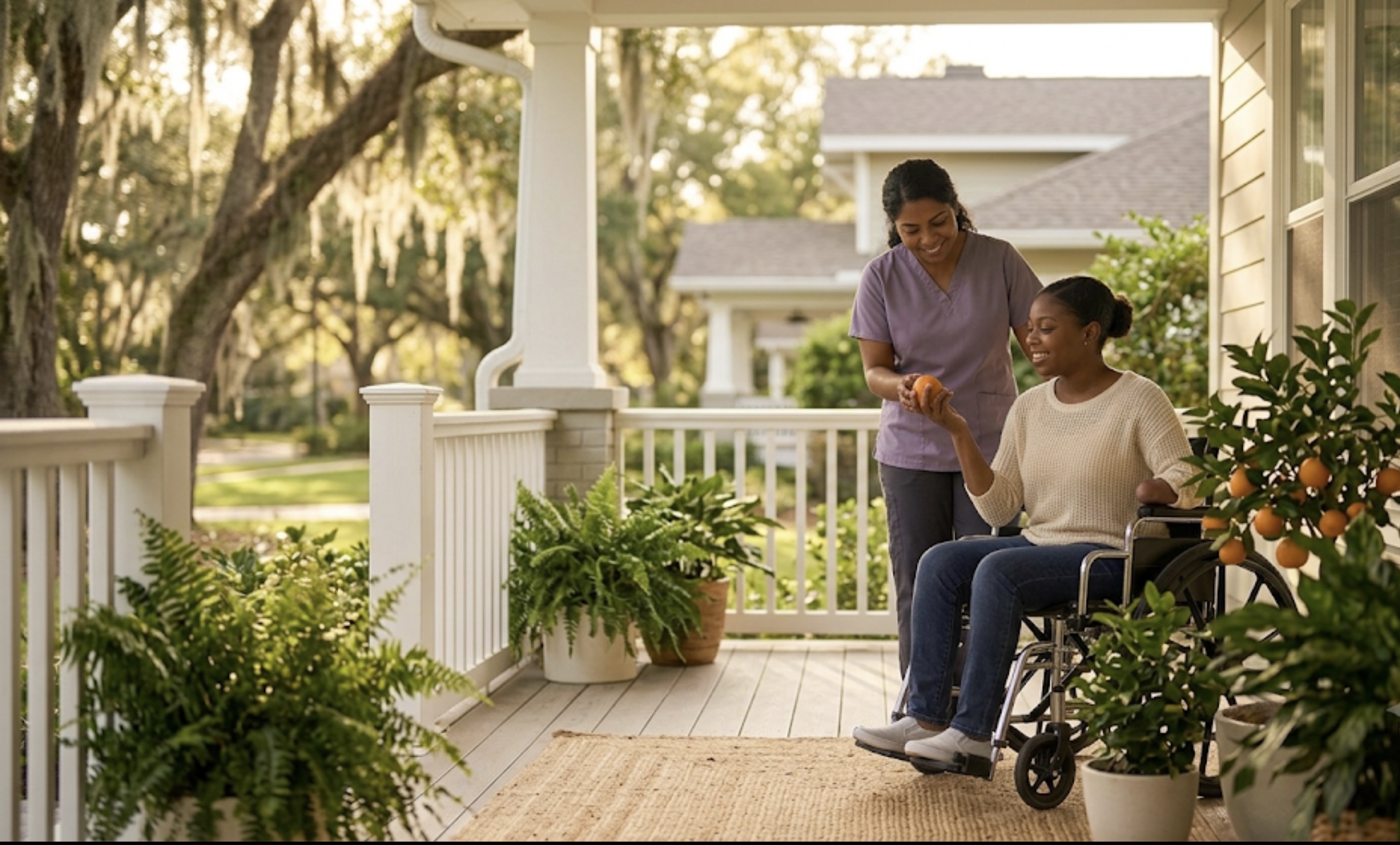 A woman in a wheelchair receives an orange from a caregiver on a porch surrounded by citrus trees and Spanish moss, both smiling.