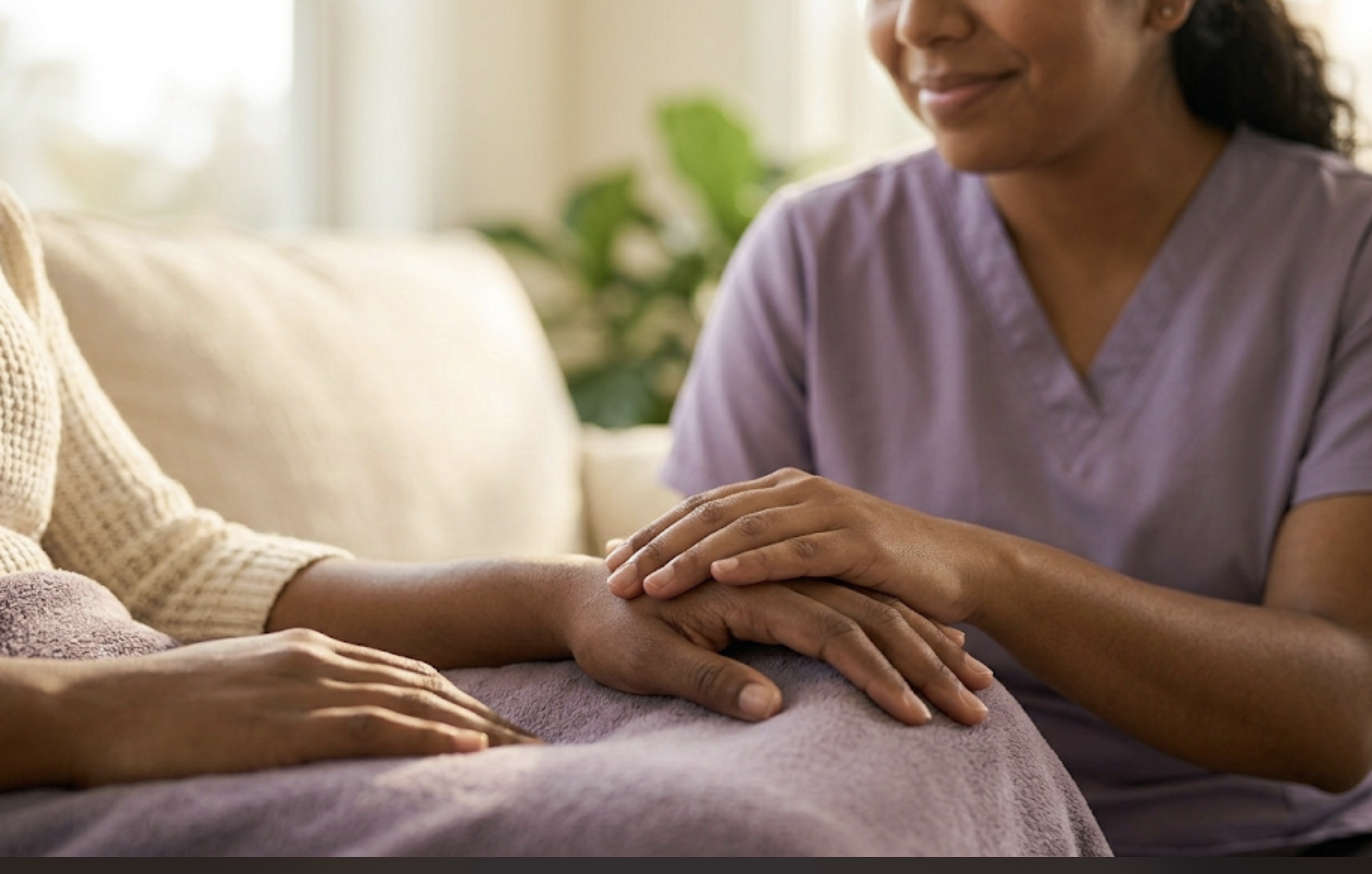 A caregiver rests both hands gently over an older woman's hand while sitting together, quietly present.