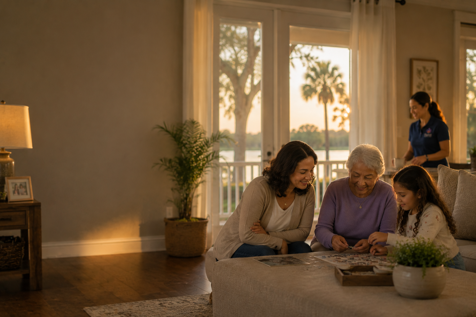 Three generations working a jigsaw puzzle together at a coffee table in golden evening light, a caregiver quietly present in the background.