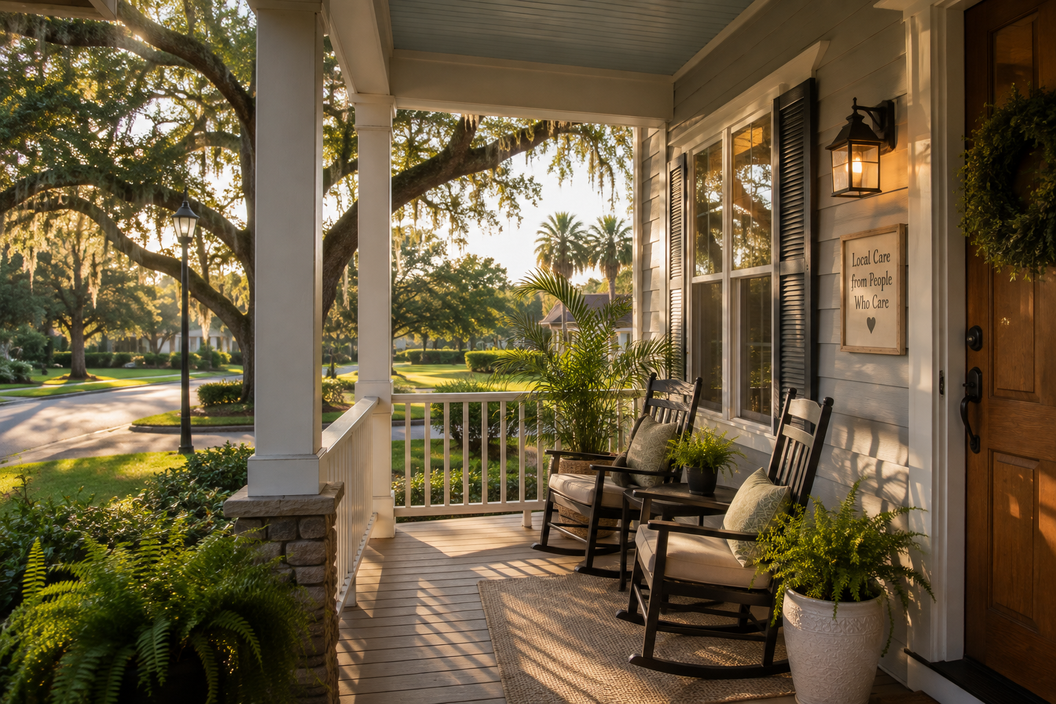 A covered porch at golden hour, rocking chairs and ferns, warm light spilling through oak trees draped in Spanish moss.
