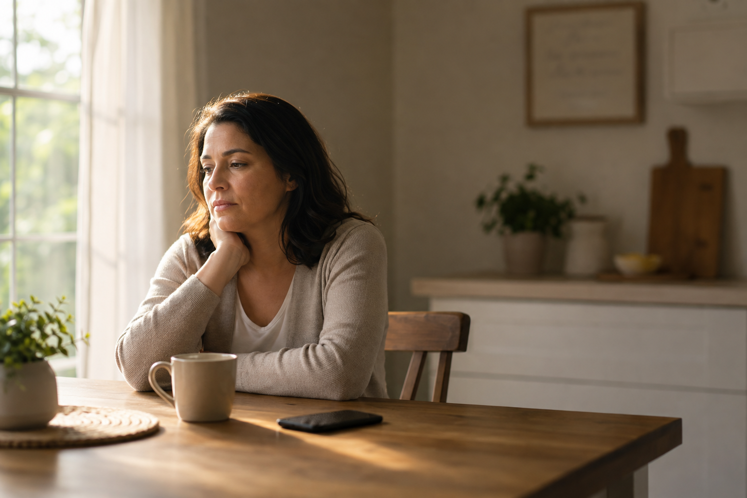 A woman sitting alone at a wood kitchen table in morning light, resting her chin in her hand.