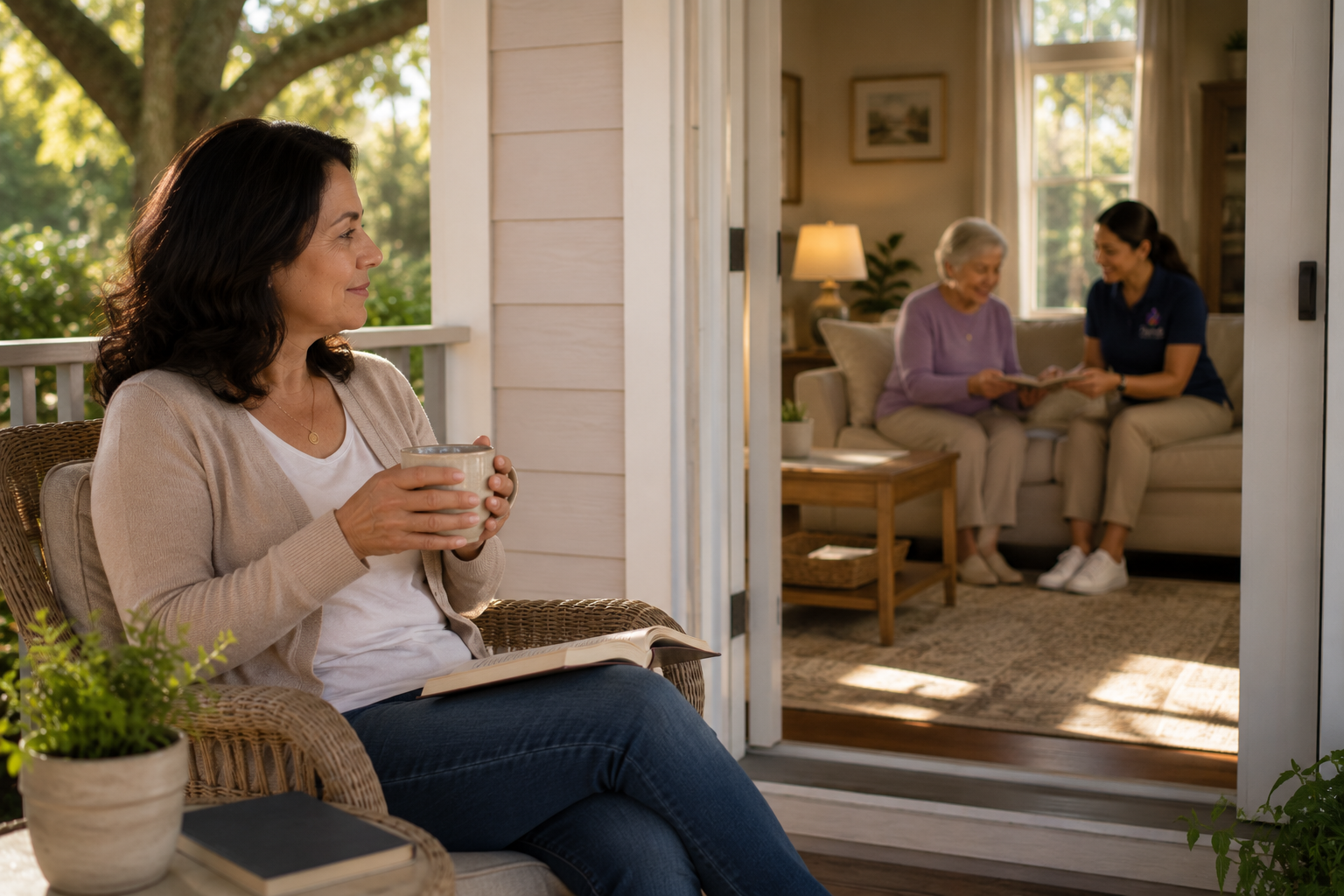 A woman relaxing on a porch with coffee and a book, a caregiver visible through the doorway inside sitting with another woman.